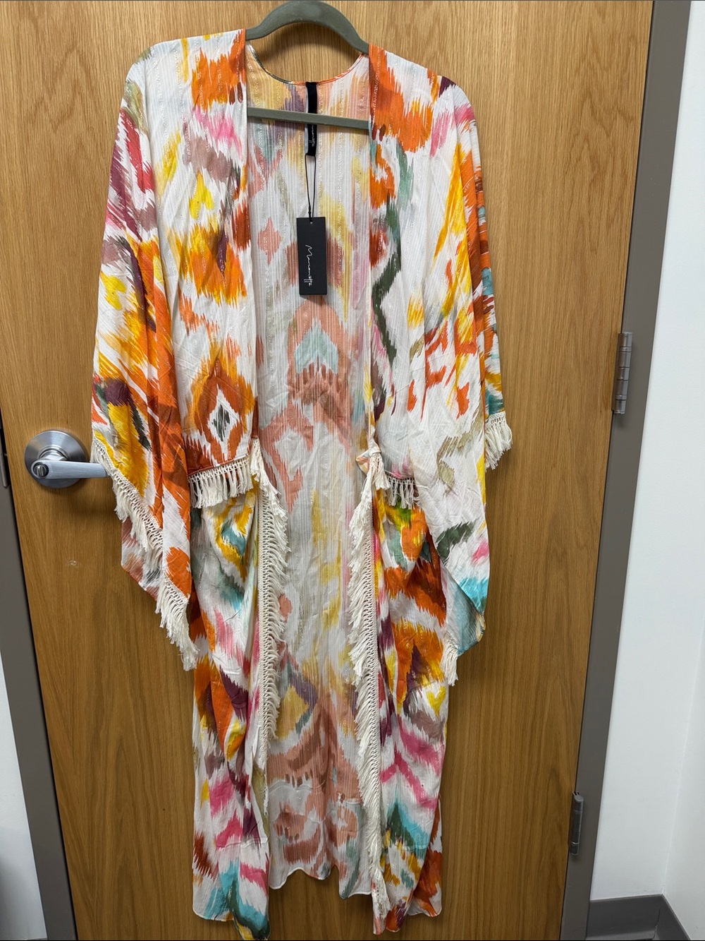 Marionette Malibu Sunset Multicolor Ikat Fringe Kimono - Cream, Orange & Pink